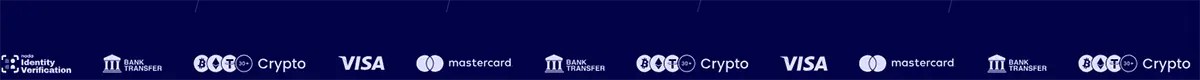 Casino payment methods banner with crypto, Visa, Mastercard, bank transfer, and identity verification icons