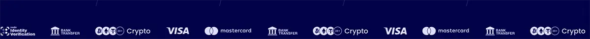 Casino payment methods banner with crypto, Visa, Mastercard, bank transfer, and identity verification icons